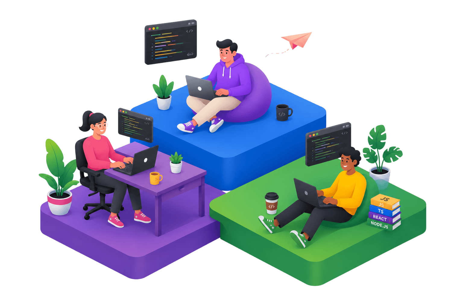 Three creative teammates working across bright floating platforms